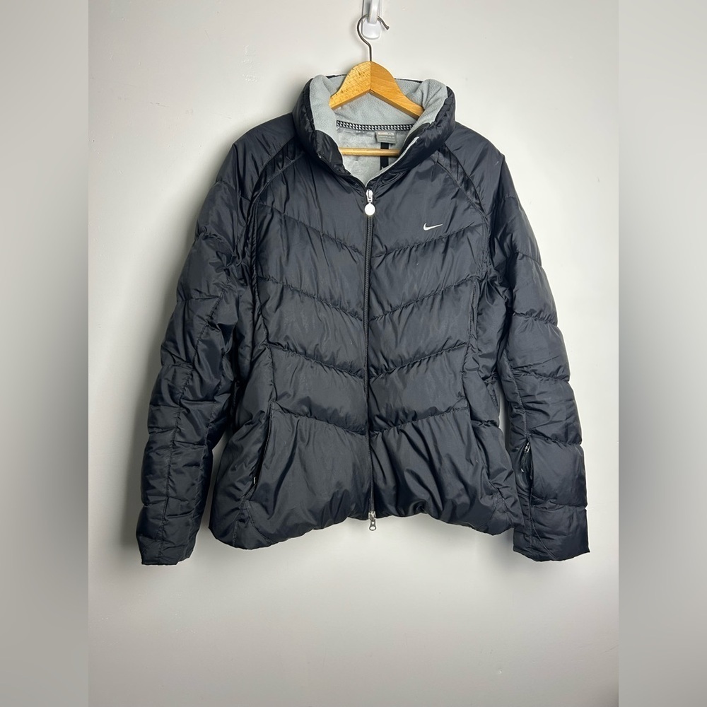 VTG Y2K Nike Puffer Duck Down Jacket Size XL Center Whoosh Black Womens Comfy